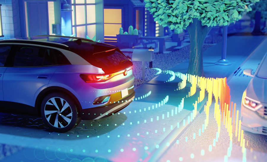 A Dusk Blue Metallic Volkswagen ID.4 backing down a driveway with visual elements to show sensors and cameras used to detect an oncoming vehicle.